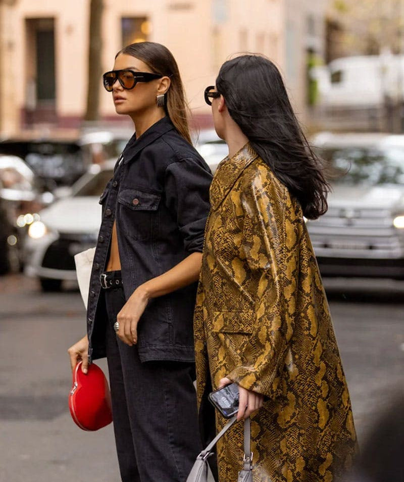 Two women standing on a city street wearing stylish outfits. One wears a black denim jacket and pants with a red handbag, and the other wears a gold and brown snakeskin-patterned coat and pants with a gray shoulder bag.