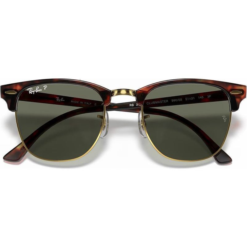 Clubmaster Classic RB3016, Red Havana/Green Glass Polarised Lenses 55 Eye Size