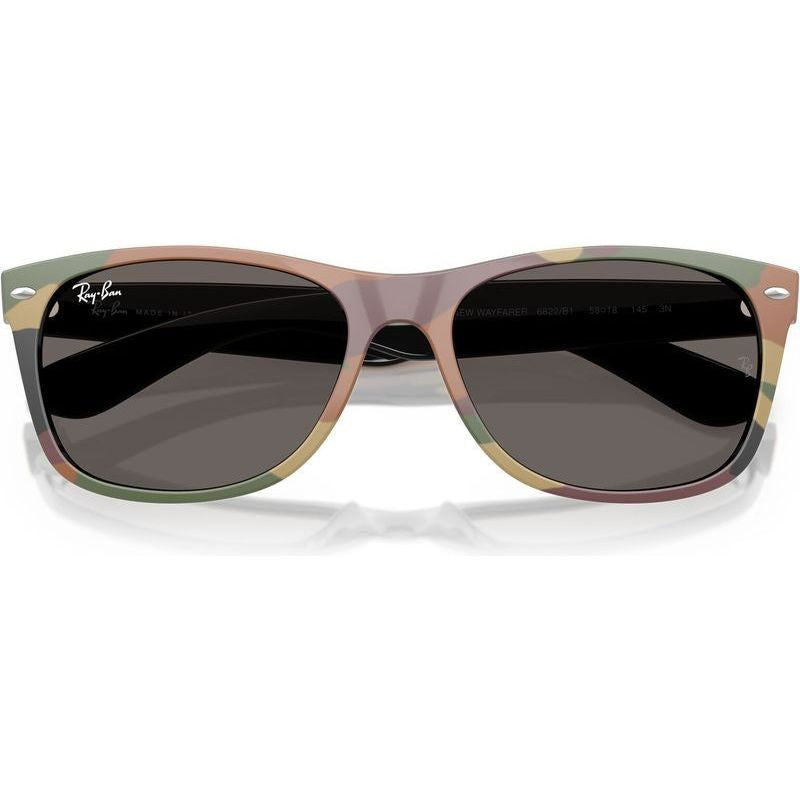 New Wayfarer Classic RB2132, Black and Green Camouflage/Dark Grey Glass Lenses 55 Eye Size